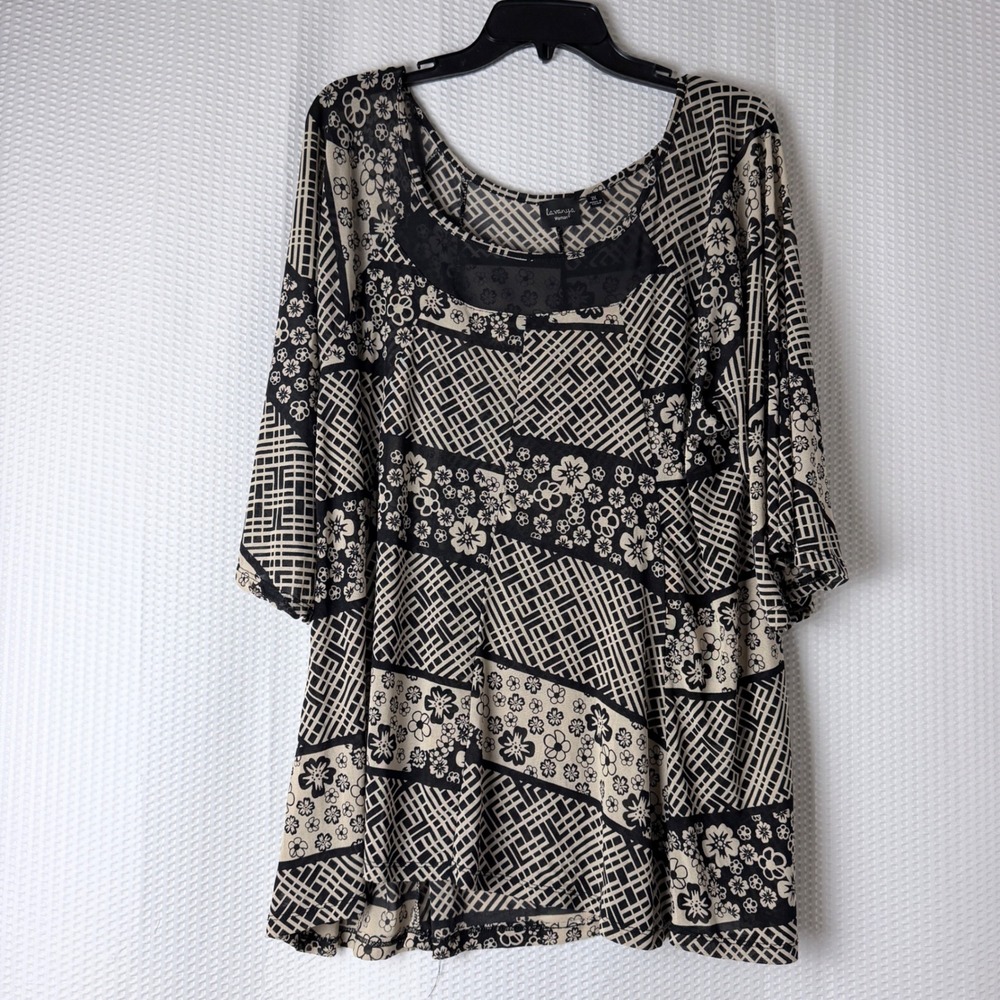 Lavanya Woman Tunic Top Women 2X Black Geometric Floral Patchwork‎ Mesh 12320X